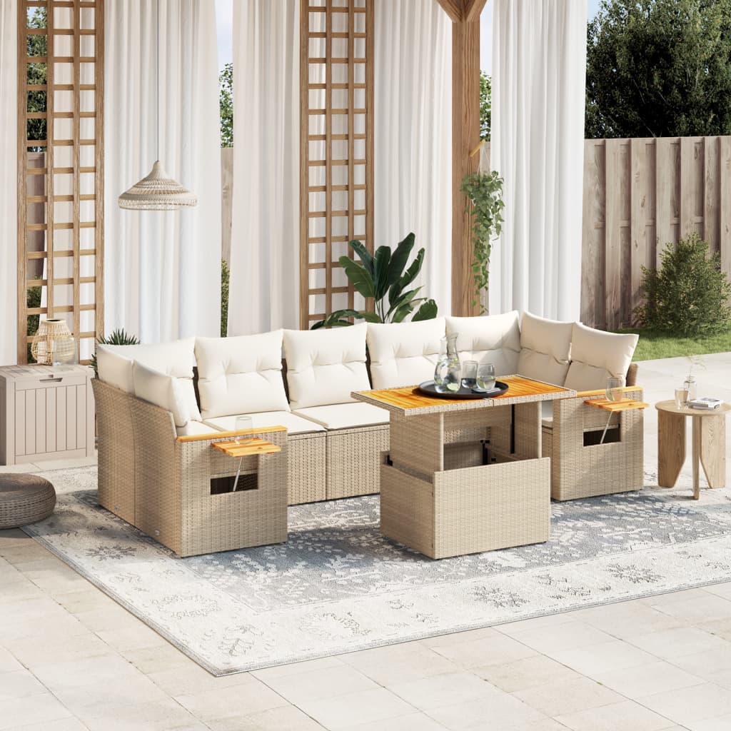 Salon de jardin avec coussins 8 pcs beige résine tressée