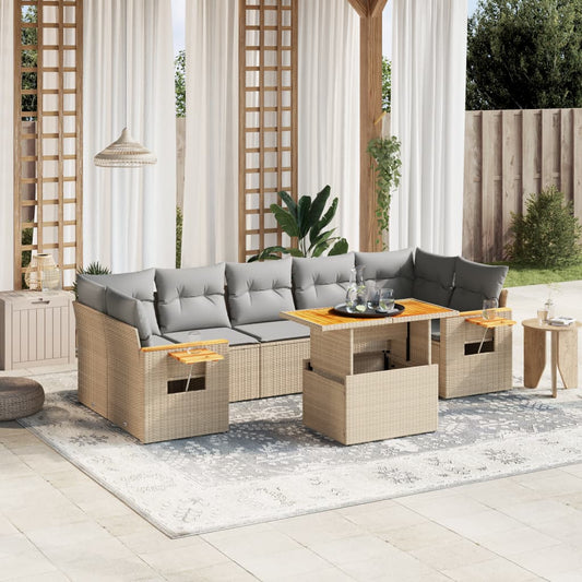 Salon de jardin avec coussins 8 pcs beige résine tressée