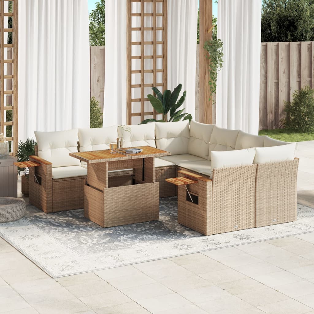 Salon de jardin avec coussins 9 pcs beige résine tressée