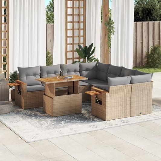 Salon de jardin avec coussins 9 pcs beige résine tressée