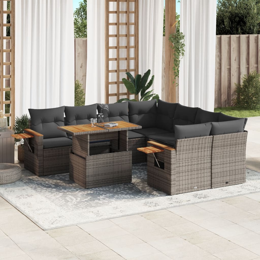 Salon de jardin 9 pcs avec coussins gris résine tressée