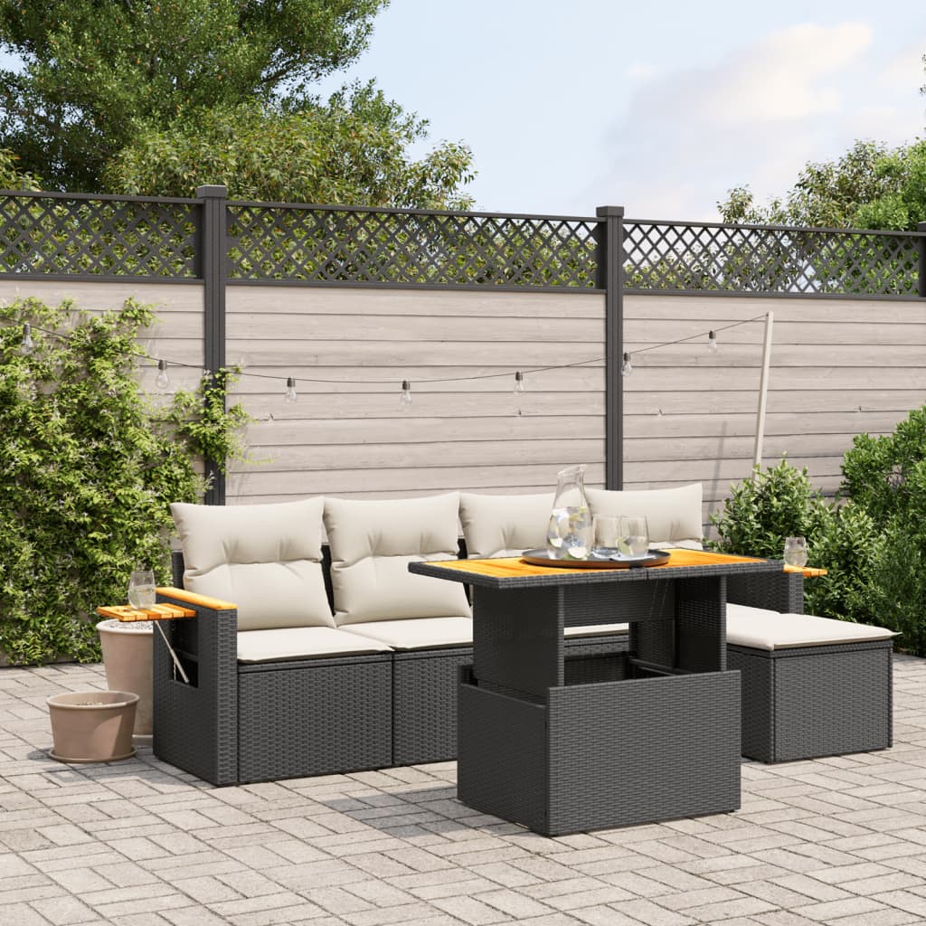 Salon de jardin 6 pcs avec coussins noir résine tressée