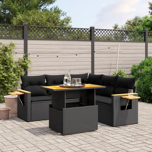 Salon de jardin 6 pcs avec coussins noir résine tressée