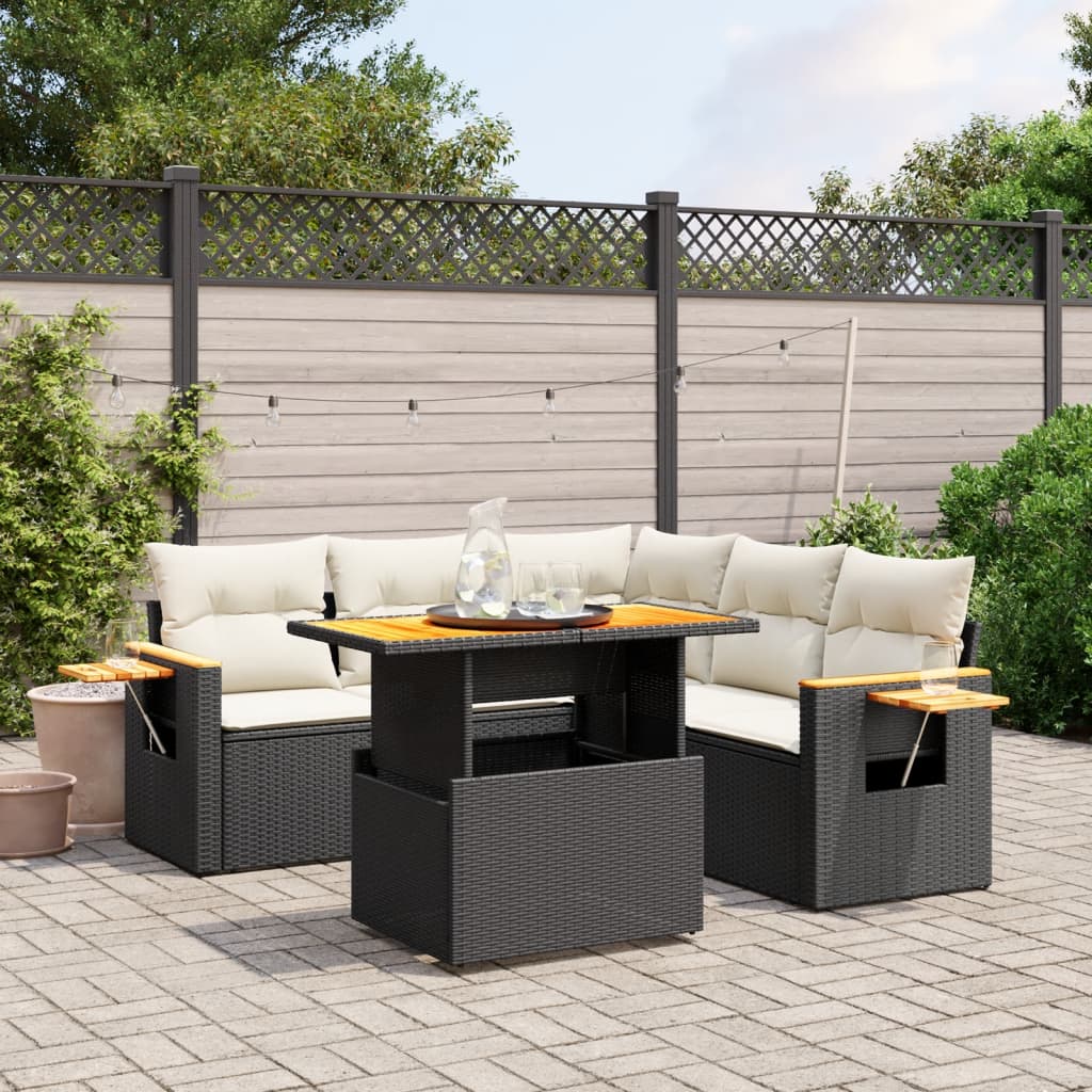 Salon de jardin 6 pcs avec coussins noir résine tressée