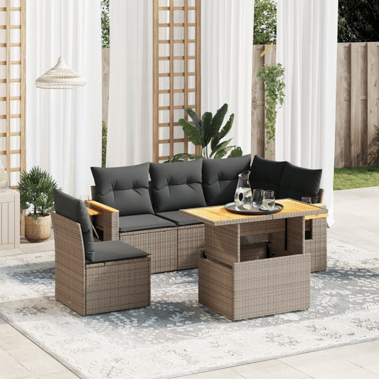 Salon de jardin 6 pcs avec coussins gris résine tressée