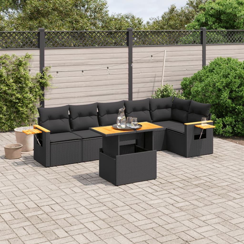 Salon de jardin 7 pcs avec coussins noir résine tressée