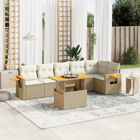 Salon de jardin avec coussins 7 pcs beige résine tressée