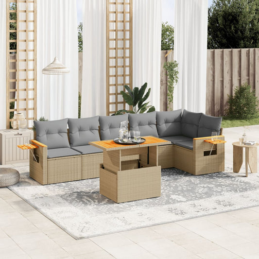 Salon de jardin avec coussins 7 pcs beige résine tressée