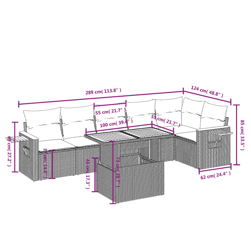 Salon de jardin avec coussins 7 pcs gris résine tressée