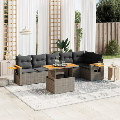 Salon de jardin avec coussins 7 pcs gris résine tressée