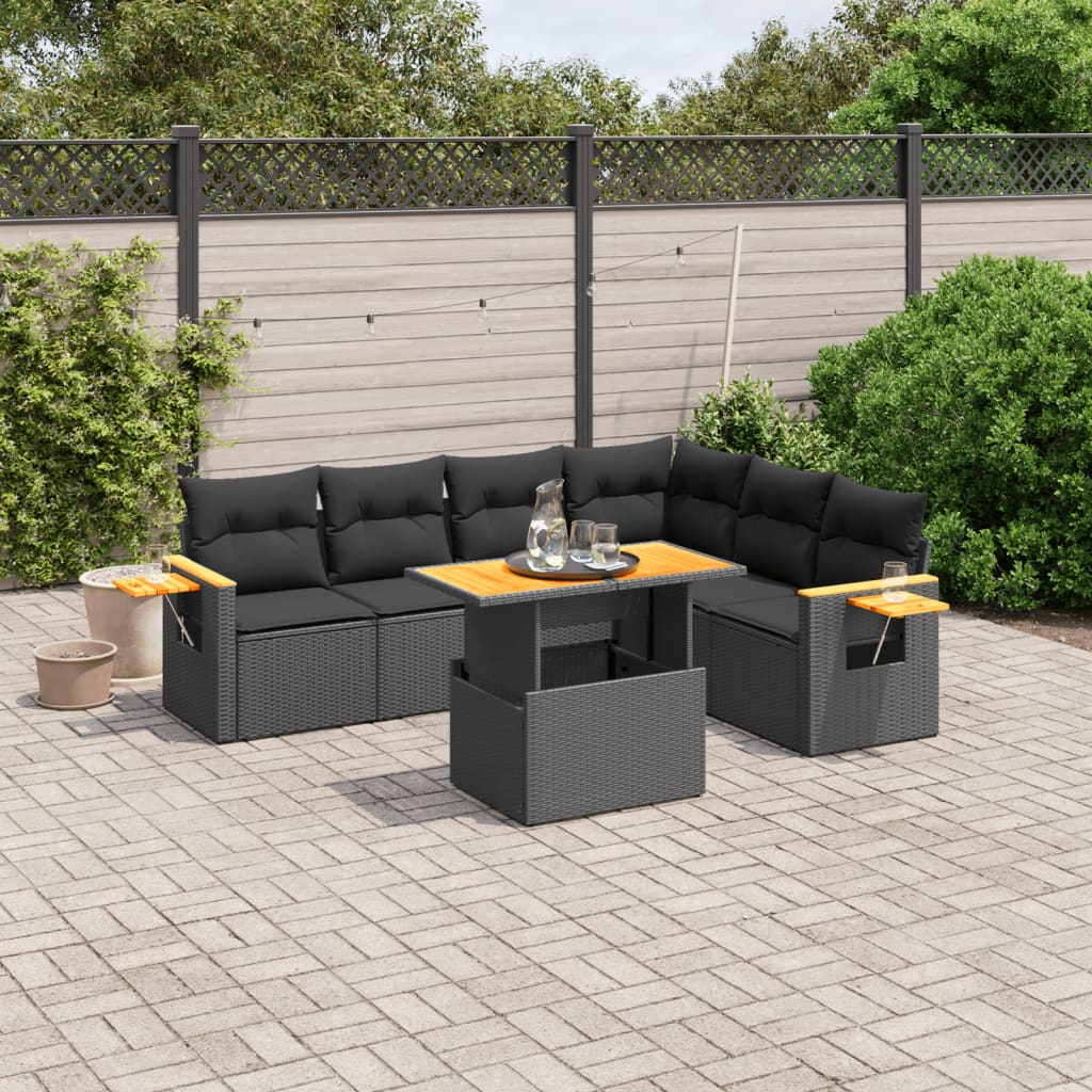 Salon de jardin 7 pcs avec coussins noir résine tressée