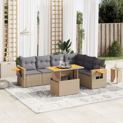 Salon de jardin avec coussins 7 pcs beige résine tressée