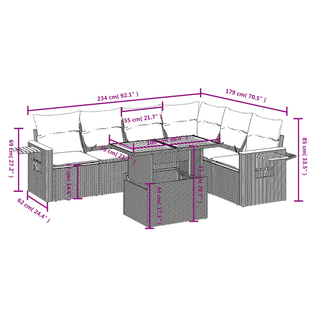 Salon de jardin avec coussins 7 pcs gris résine tressée