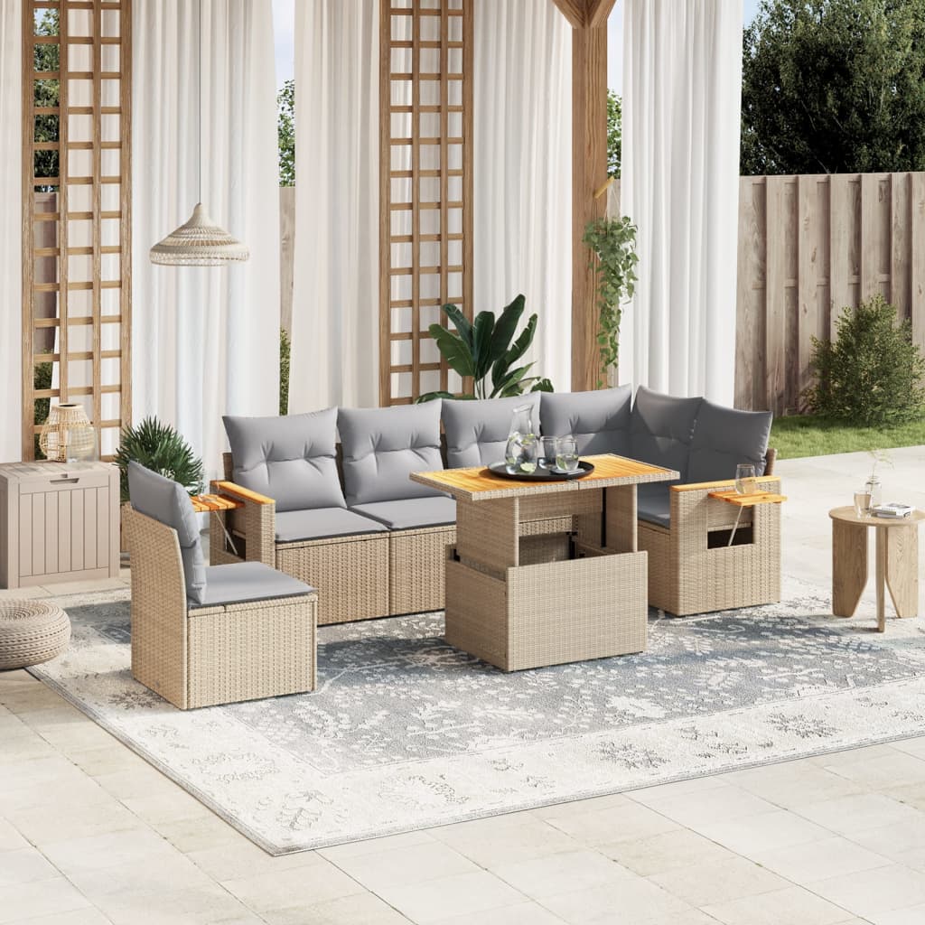 Salon de jardin avec coussins 7 pcs beige résine tressée