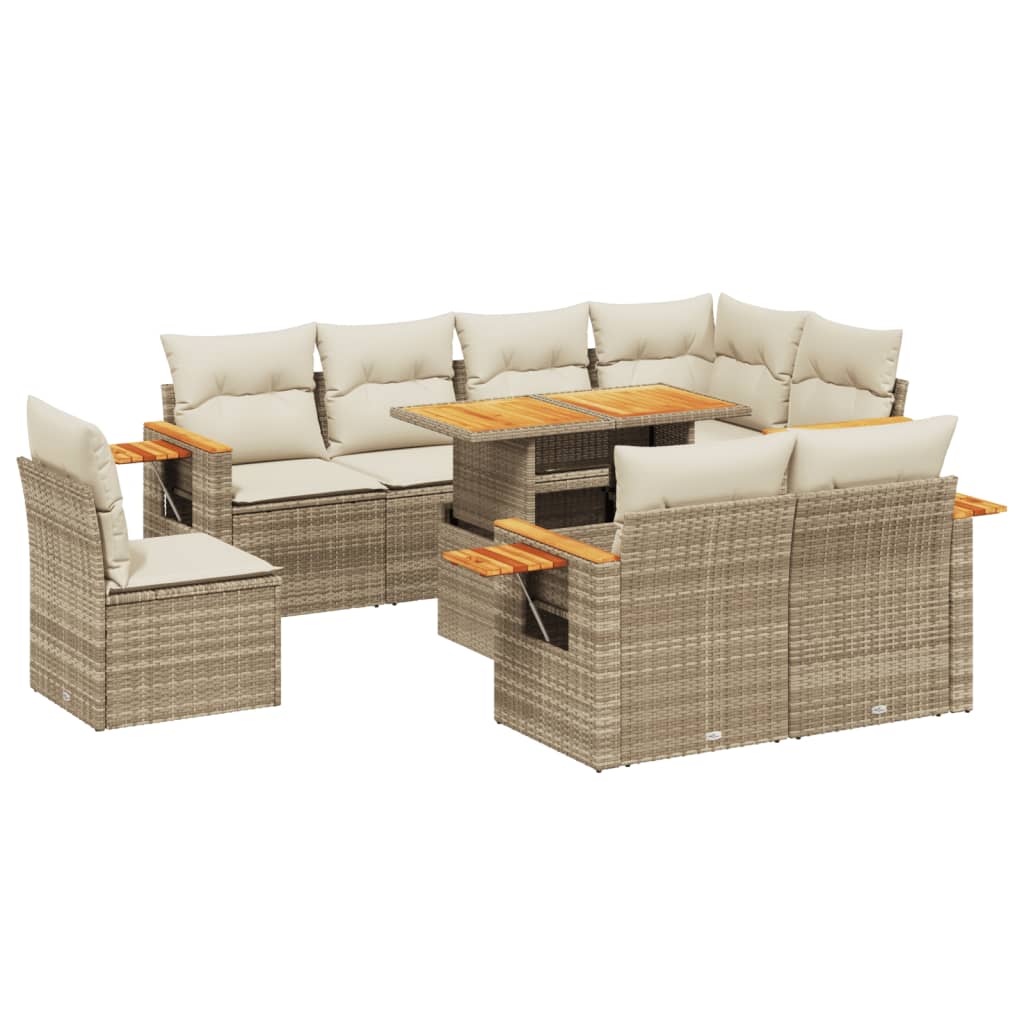 Salon de jardin avec coussins 9 pcs beige résine tressée