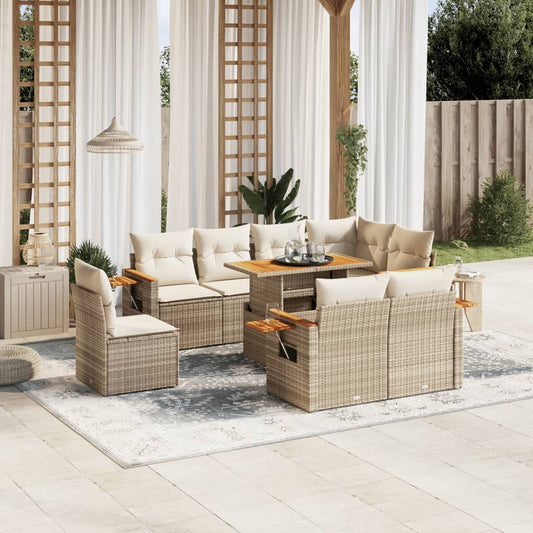 Salon de jardin avec coussins 9 pcs beige résine tressée