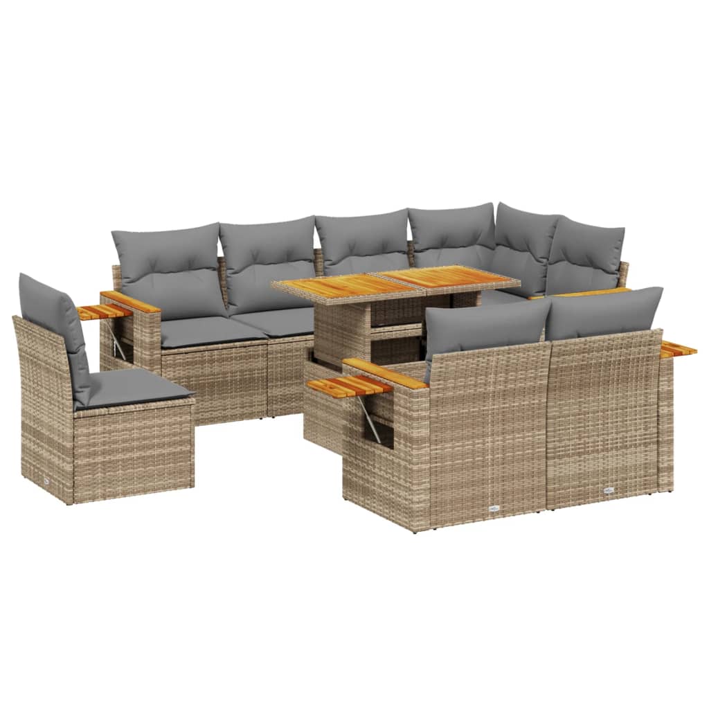 Salon de jardin avec coussins 9 pcs beige résine tressée