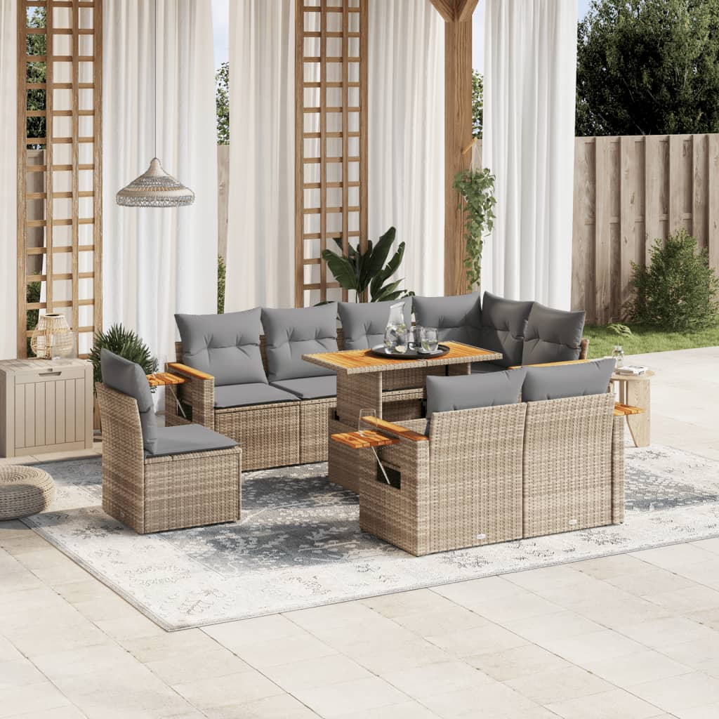 Salon de jardin avec coussins 9 pcs beige résine tressée