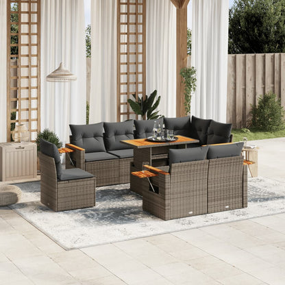 Salon de jardin 9 pcs avec coussins gris résine tressée