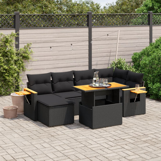 Salon de jardin 7 pcs avec coussins noir résine tressée