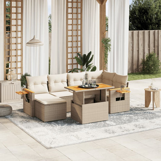 Salon de jardin avec coussins 7 pcs beige résine tressée