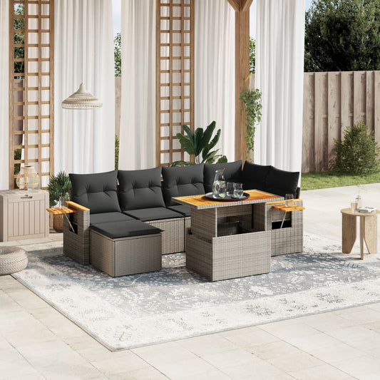 Salon de jardin avec coussins 7 pcs gris résine tressée