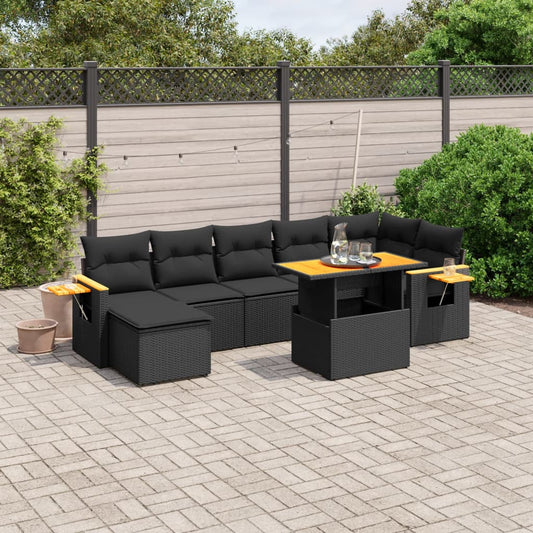 Salon de jardin 8 pcs avec coussins noir résine tressée