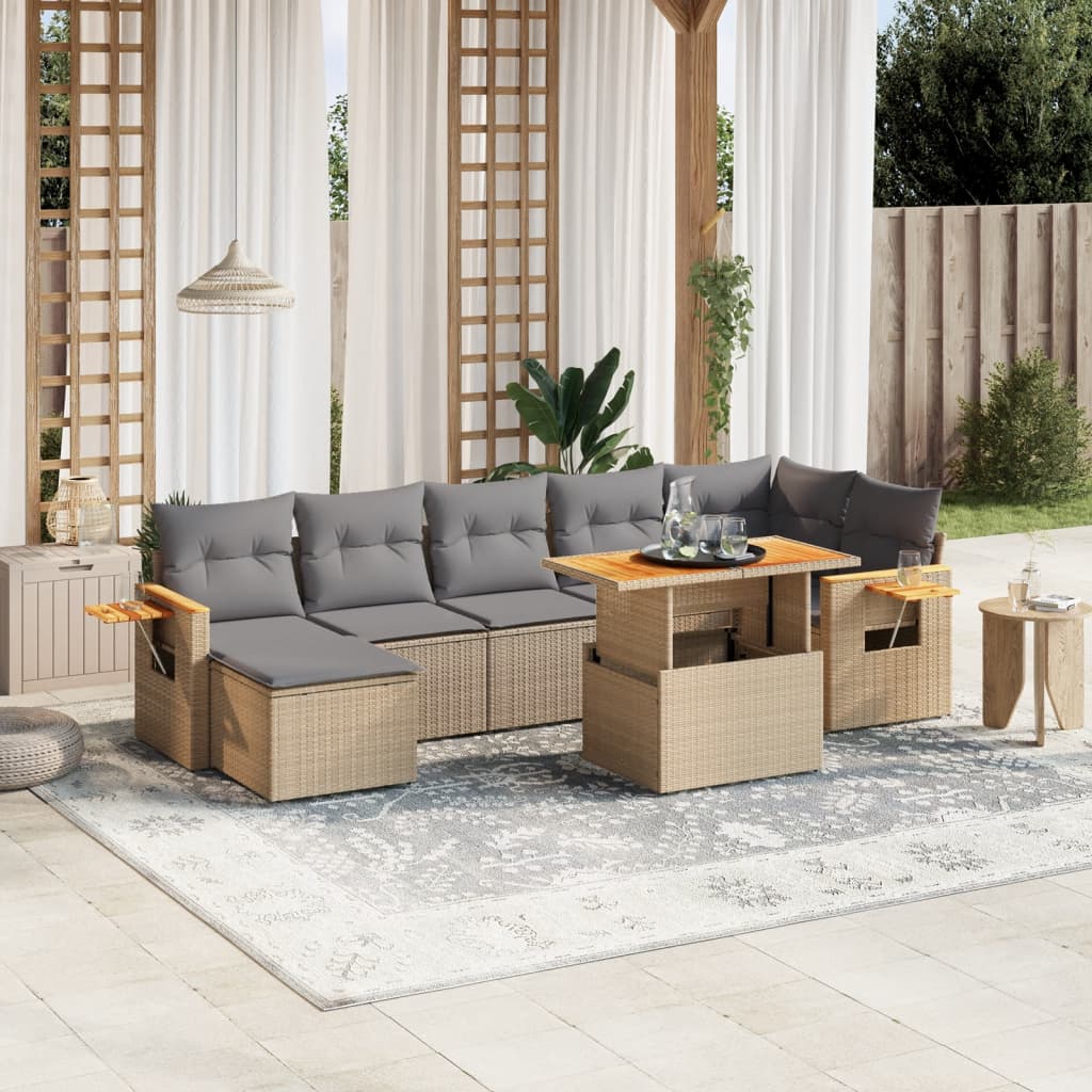 Salon de jardin avec coussins 8 pcs beige résine tressée