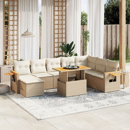 Salon de jardin avec coussins 9 pcs beige résine tressée