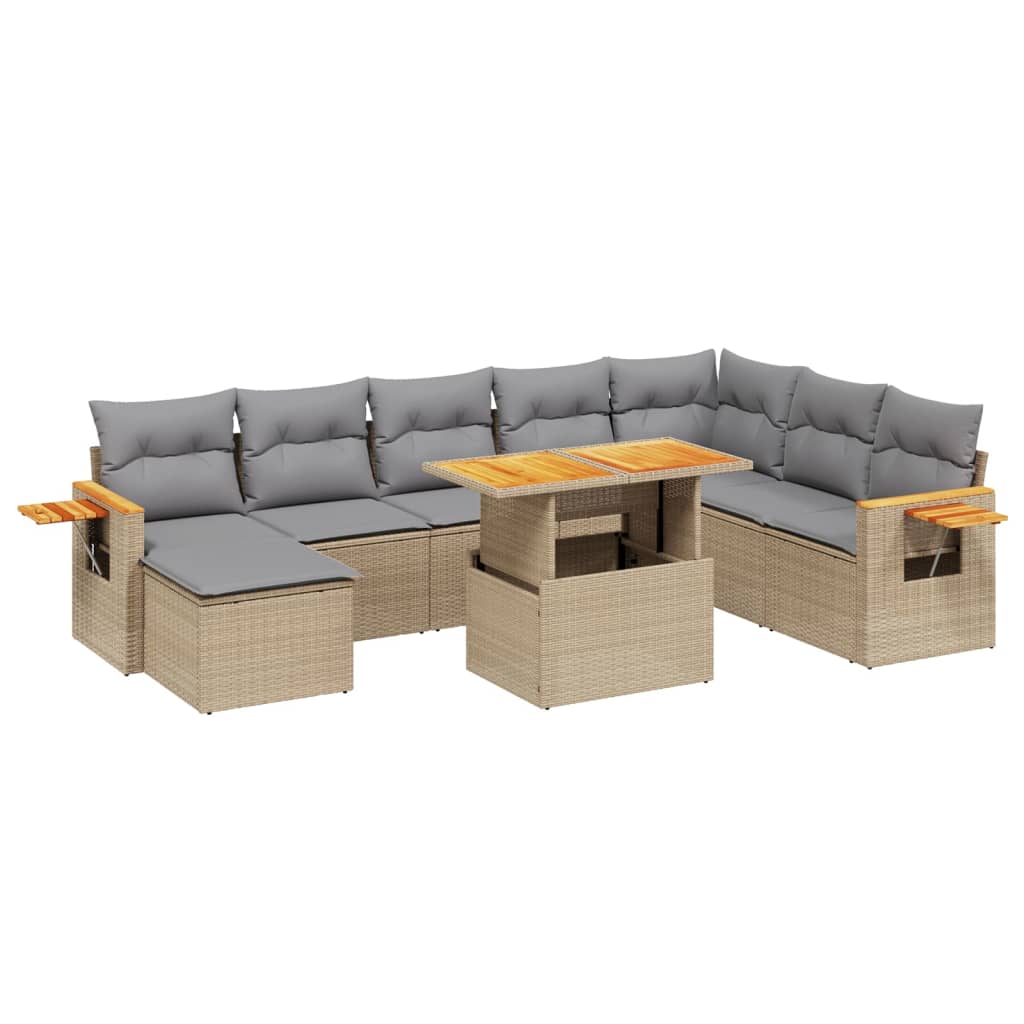 Salon de jardin avec coussins 9 pcs beige résine tressée