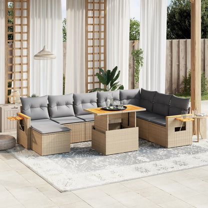 Salon de jardin avec coussins 9 pcs beige résine tressée