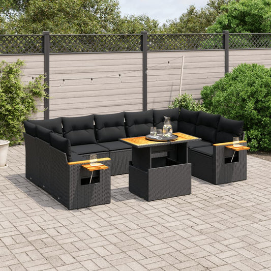 Salon de jardin 10 pcs avec coussins noir résine tressée