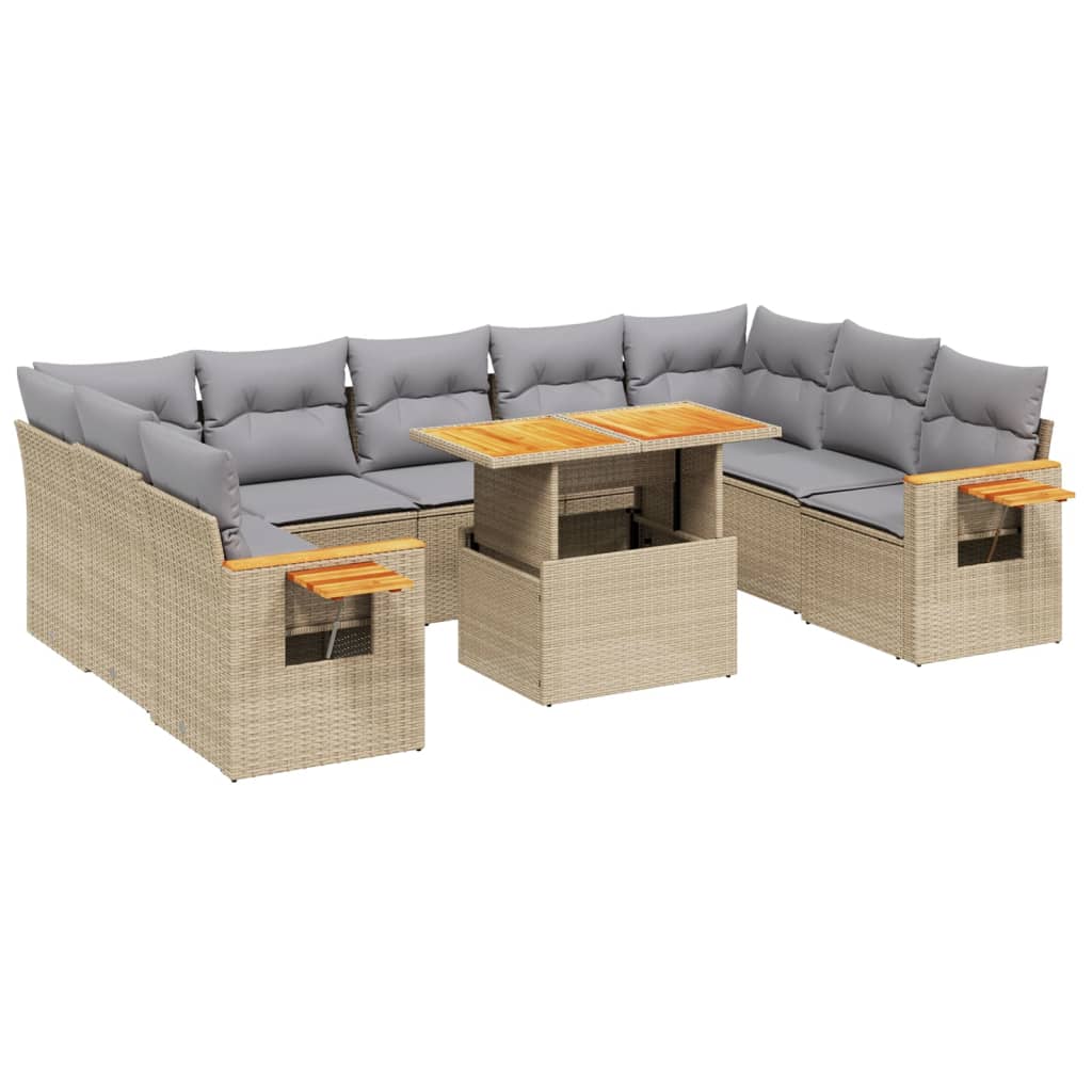 Salon de jardin avec coussins 10 pcs beige résine tressée