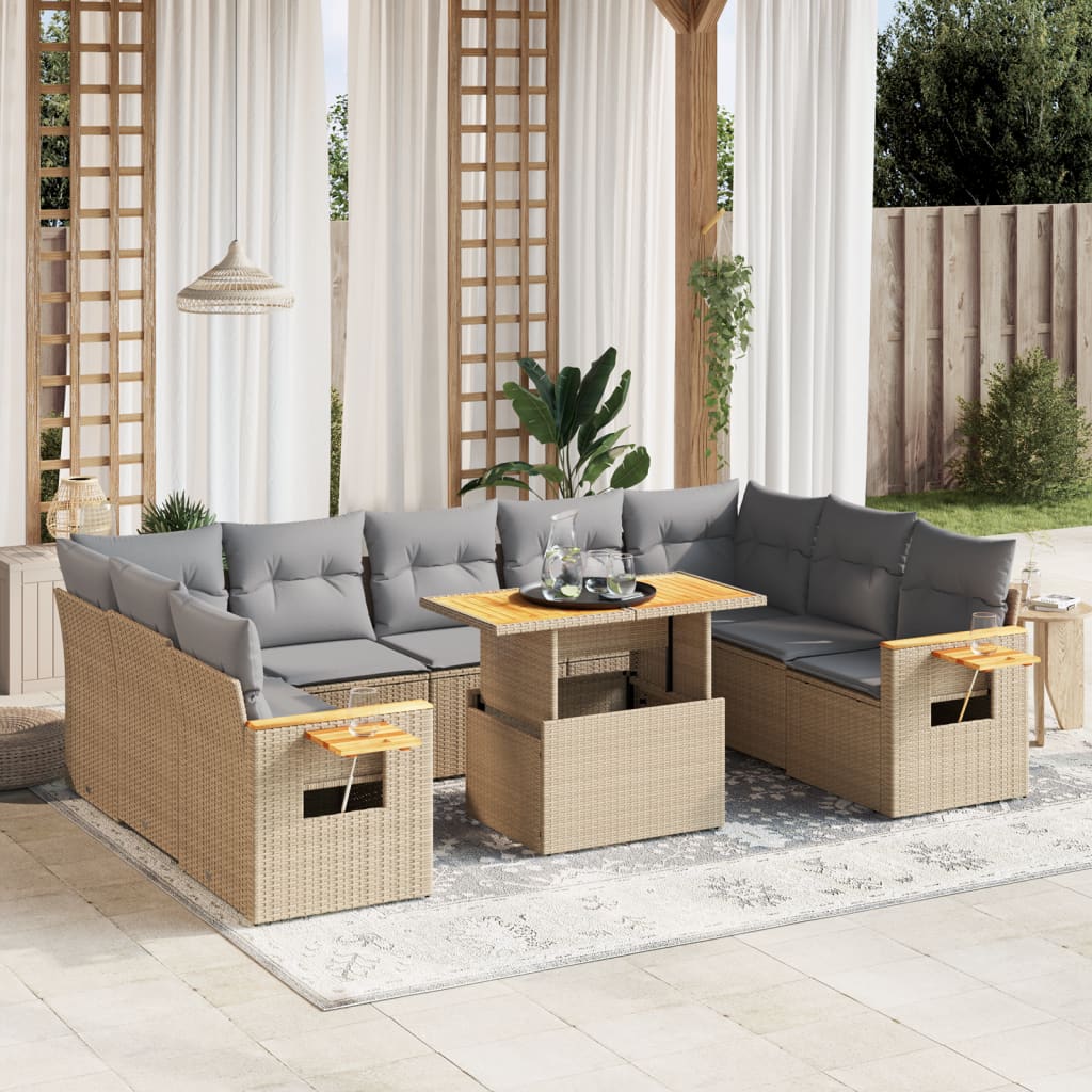 Salon de jardin avec coussins 10 pcs beige résine tressée