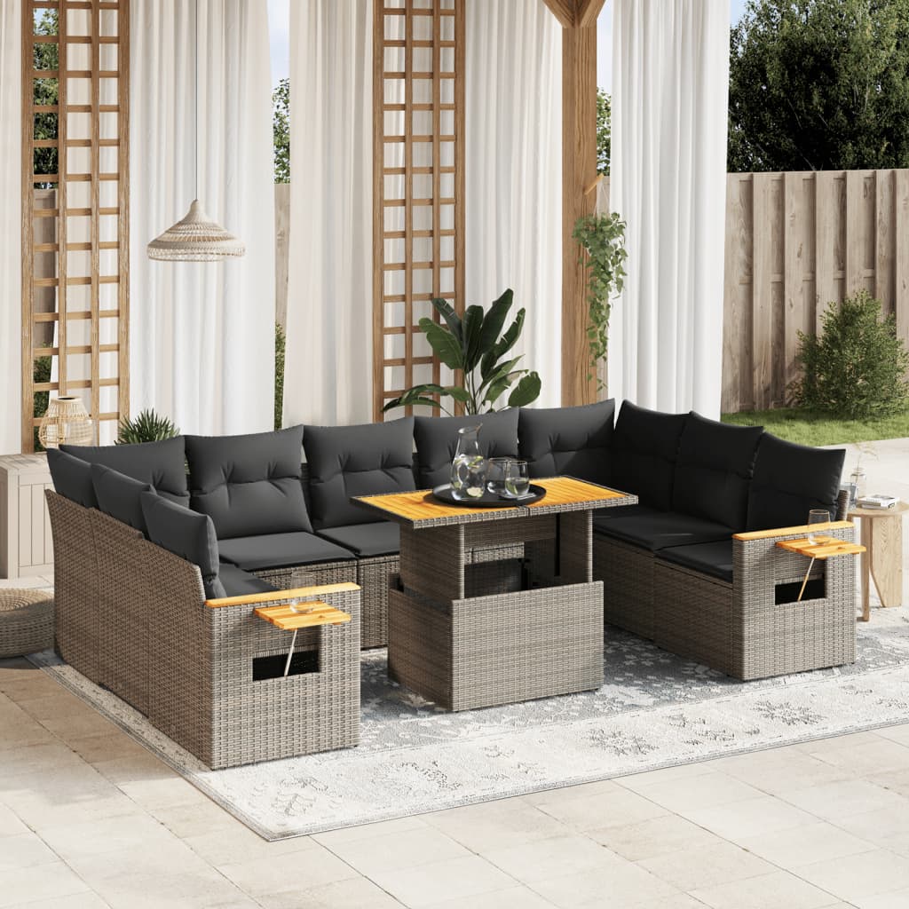 Salon de jardin avec coussins 10 pcs gris résine tressée