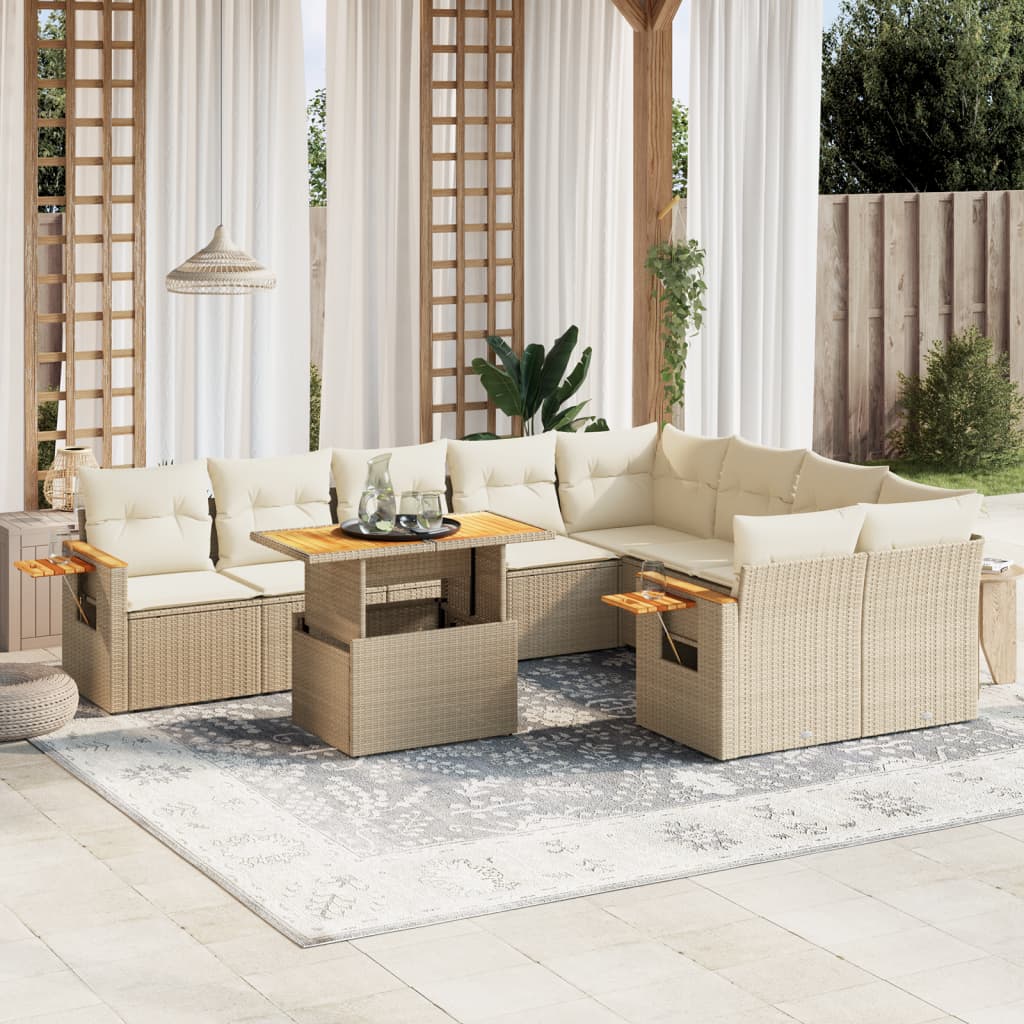 Salon de jardin avec coussins 10 pcs beige résine tressée