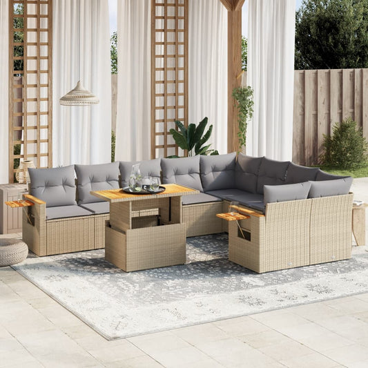 Salon de jardin avec coussins 10 pcs beige résine tressée