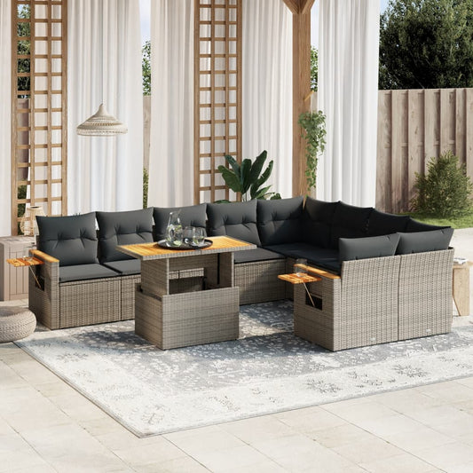 Salon de jardin avec coussins 10 pcs gris résine tressée