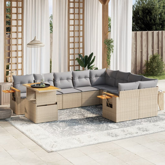 Salon de jardin avec coussins 10 pcs beige résine tressée