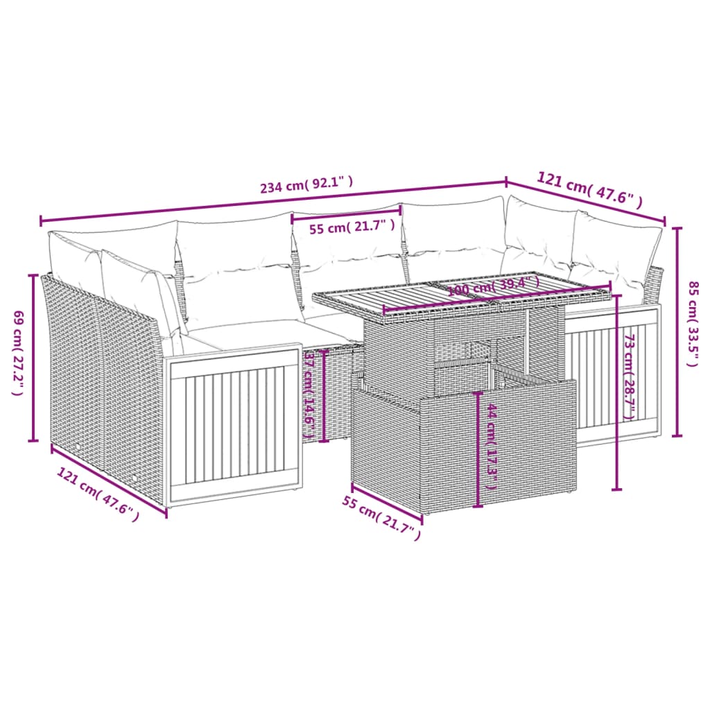 Salon de jardin avec coussins 7 pcs beige résine tressée