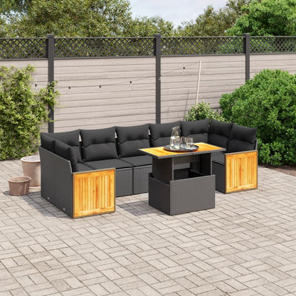 Salon de jardin 8 pcs avec coussins noir résine tressée