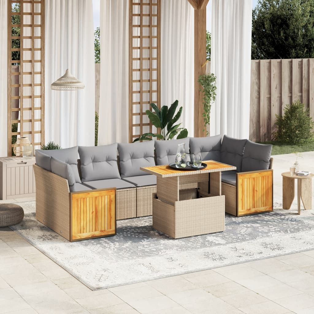 Salon de jardin avec coussins 8 pcs beige résine tressée