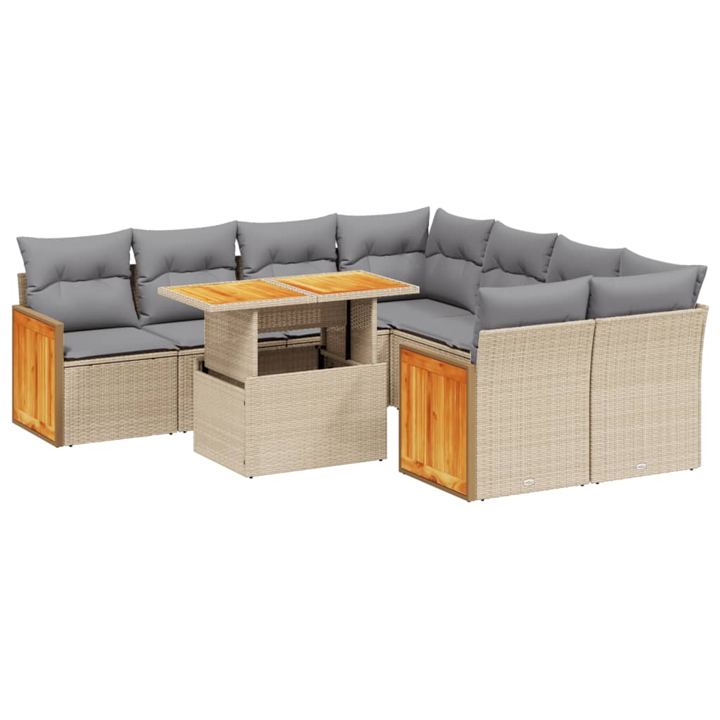 Salon de jardin avec coussins 9 pcs beige résine tressée