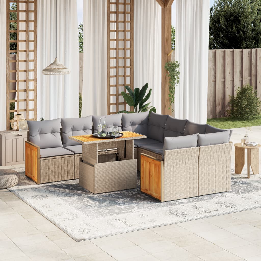 Salon de jardin avec coussins 9 pcs beige résine tressée