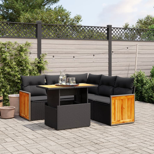 Salon de jardin 6 pcs avec coussins noir résine tressée