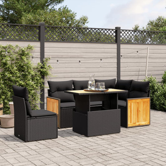 Salon de jardin 6 pcs avec coussins noir résine tressée