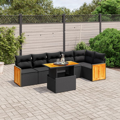 Salon de jardin 7 pcs avec coussins noir résine tressée