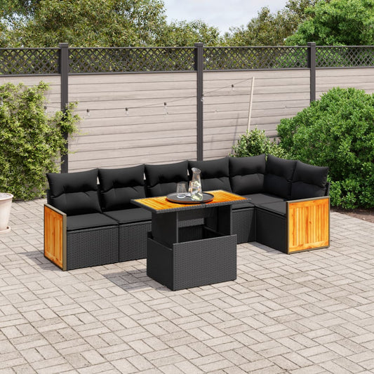 Salon de jardin 7 pcs avec coussins noir résine tressée