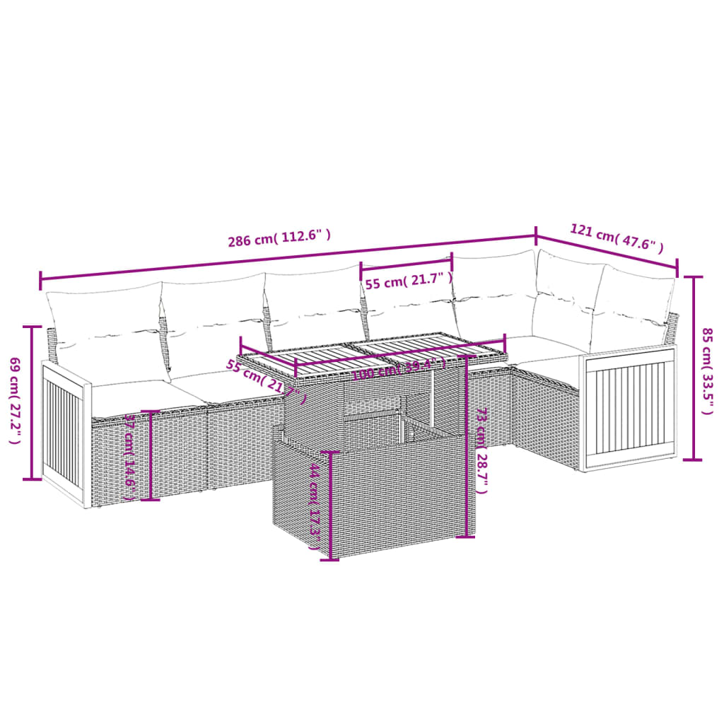 Salon de jardin avec coussins 7 pcs gris résine tressée