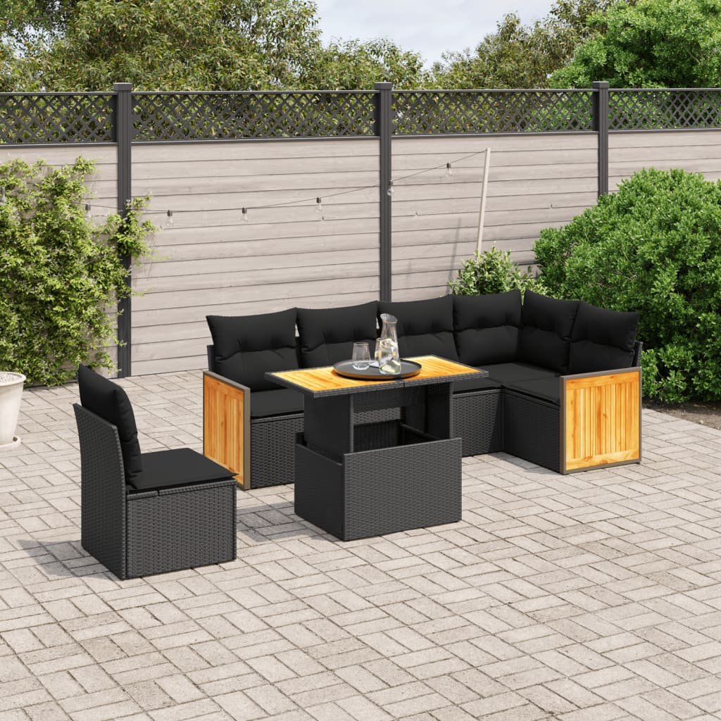 Salon de jardin 7 pcs avec coussins noir résine tressée